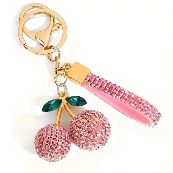 Pink Cherry Rhinestone Bling Keychain Accessory Bag Charm - Picture 7 of 7